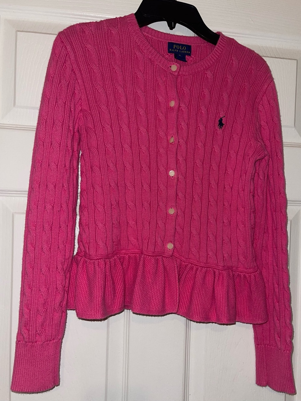 Polo by Ralph Lauren Hot Pink Cable-Knit Ruffle Hem Cardigan